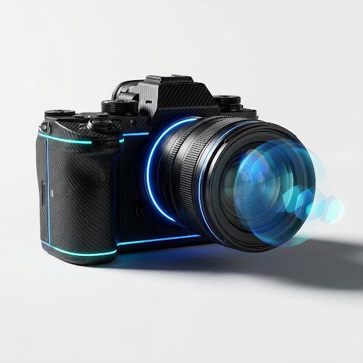 Professional digital cinema camera with cyan glowing accents